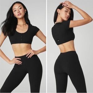 ALO Yoga Black Henley ribbed Crop Top